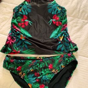 Tankini black with multicolor floral design